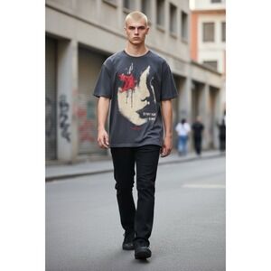 ROMWE Graphic Face Star‎ T-Shirt Gray Short Sleeve Crew Neck Size Large